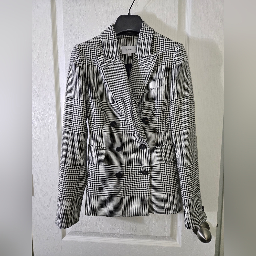 Reiss Tyler Checker Double-Breasted Coat in Monochrome - NWOT
